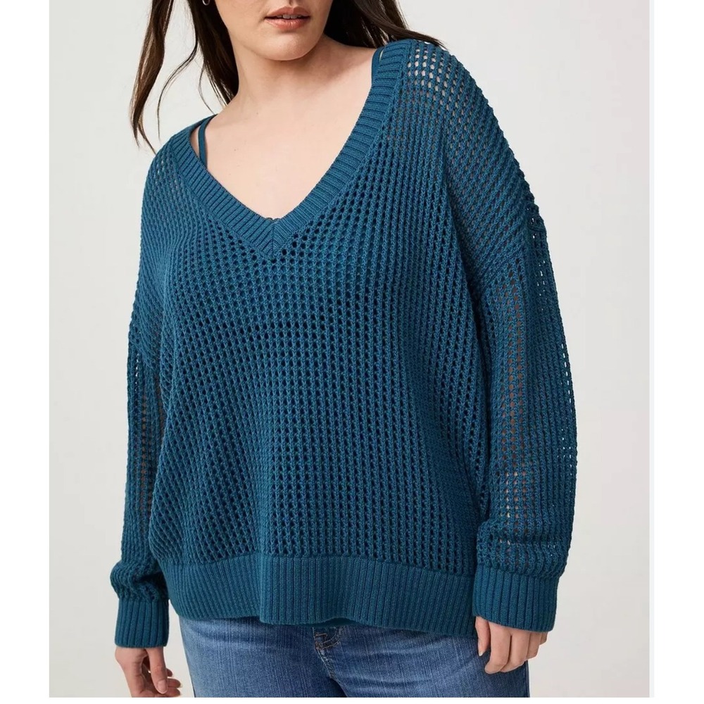 Torrid Blue Crochet open‎ Knit V Neck Sweater boho beach teal sz 2